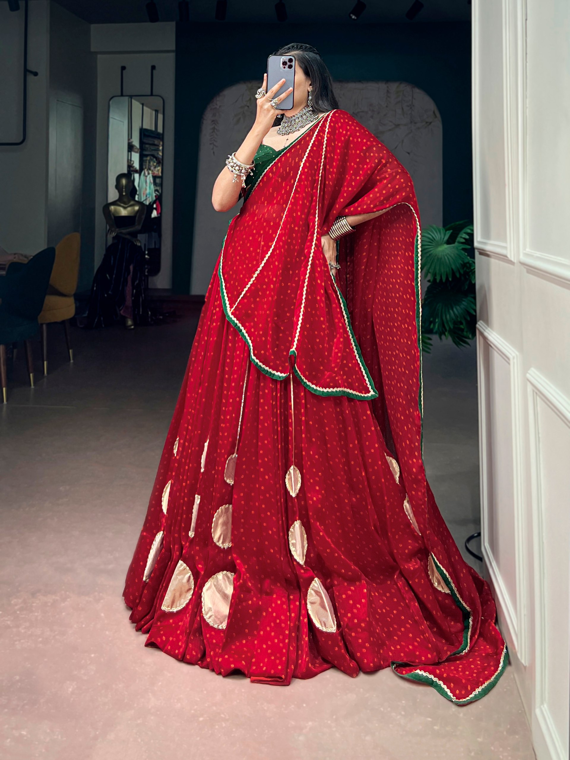Red Bandhani Lehenga Choli with 7.5 Meter Flair
