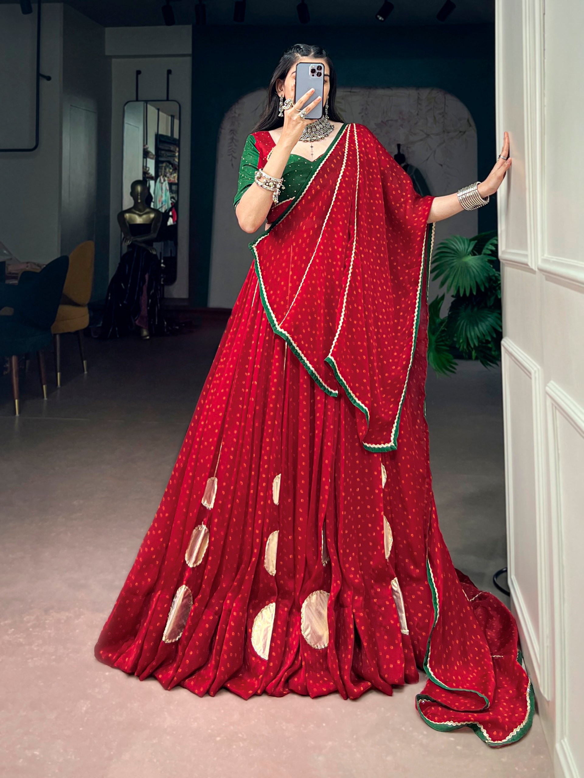 Red Bandhani Lehenga Choli with 7.5 Meter Flair