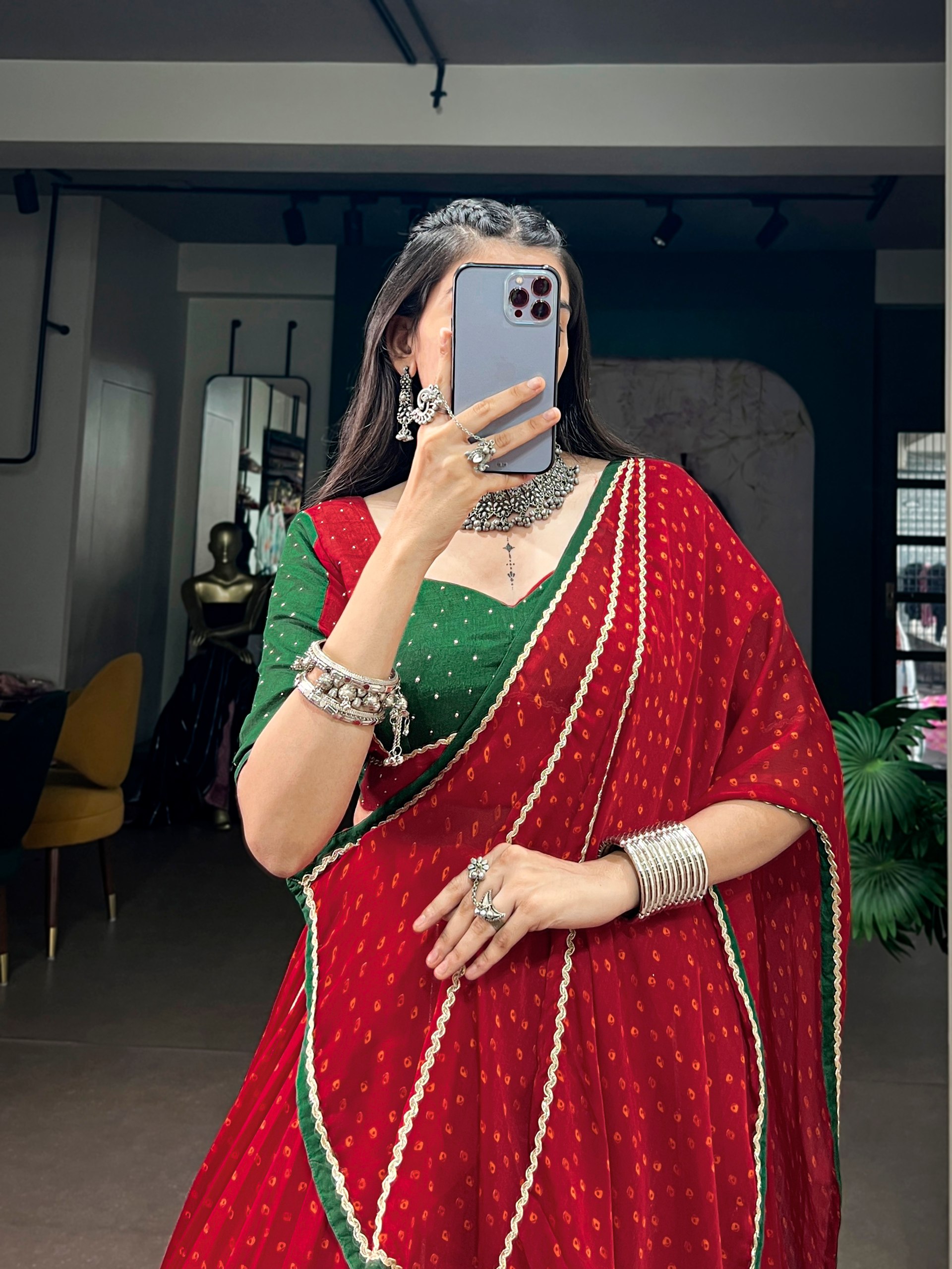 Red Bandhani Lehenga Choli with 7.5 Meter Flair