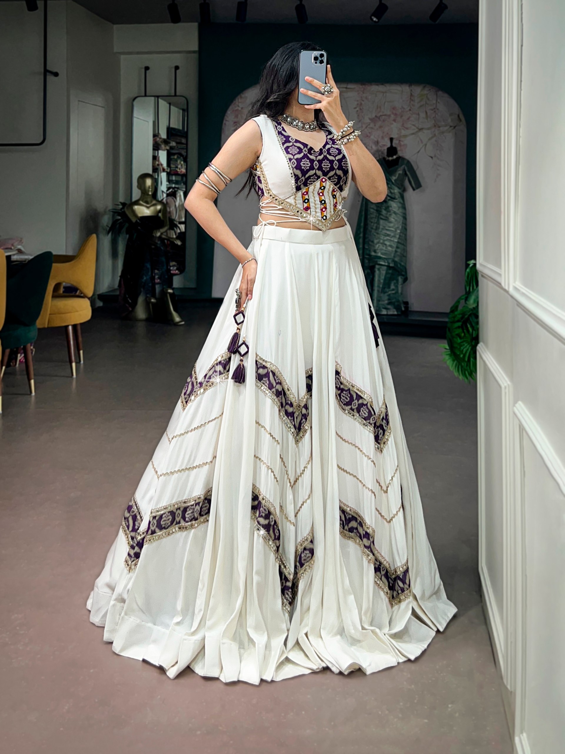 White Gamthi Mirror Work Chaniya Choli with 6 Meter Flair
