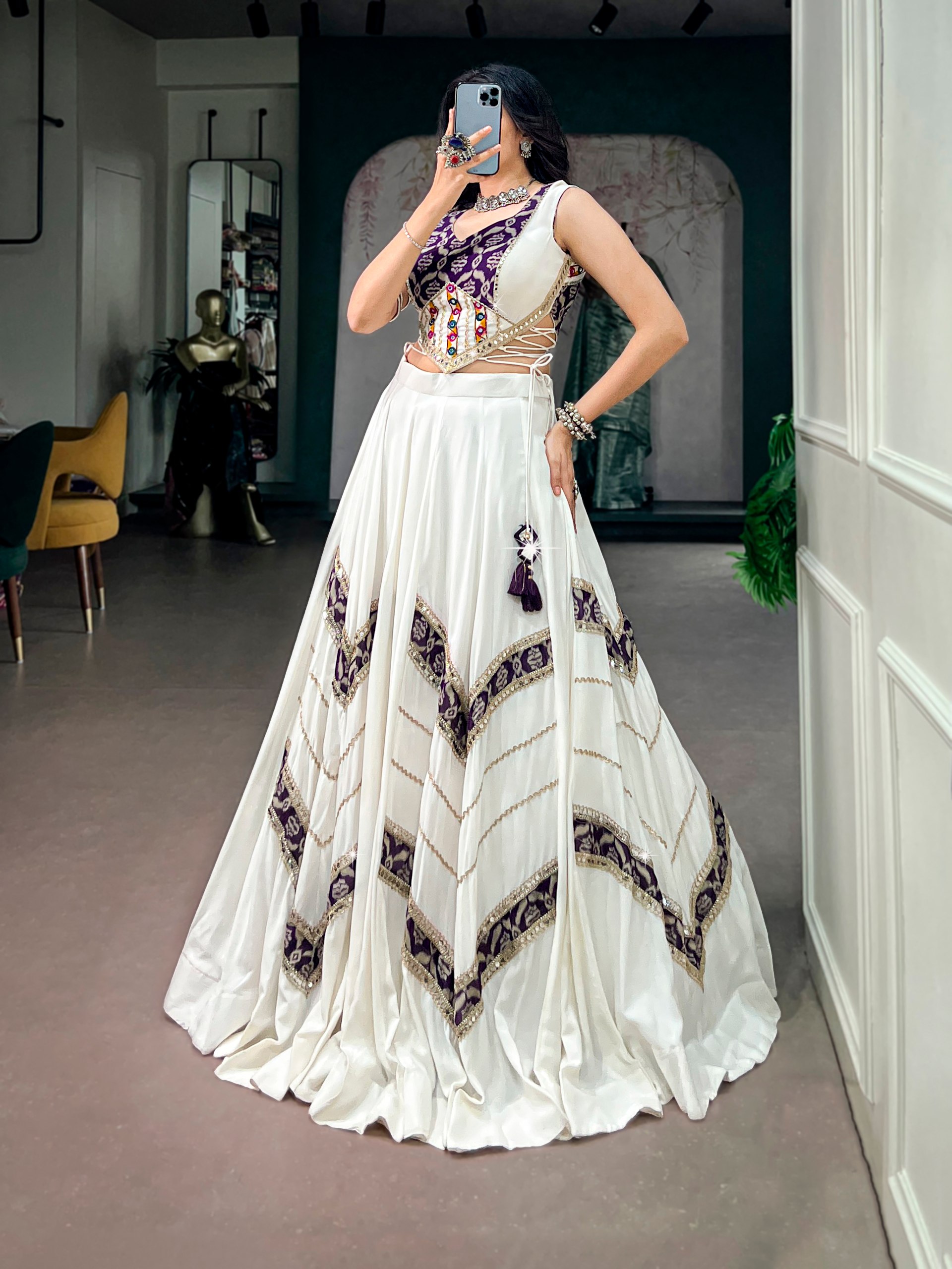 White Gamthi Mirror Work Chaniya Choli with 6 Meter Flair