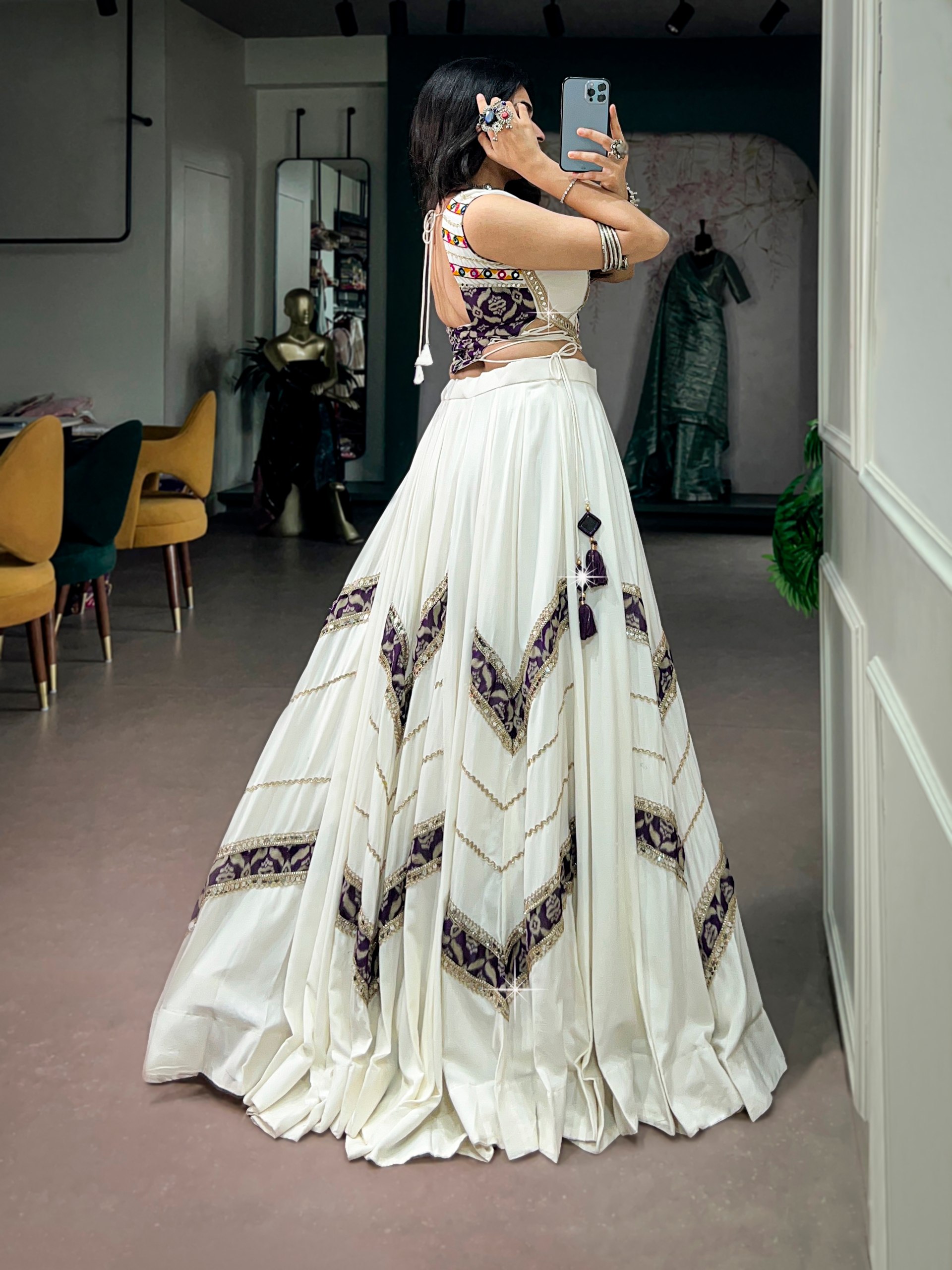 White Gamthi Mirror Work Chaniya Choli with 6 Meter Flair