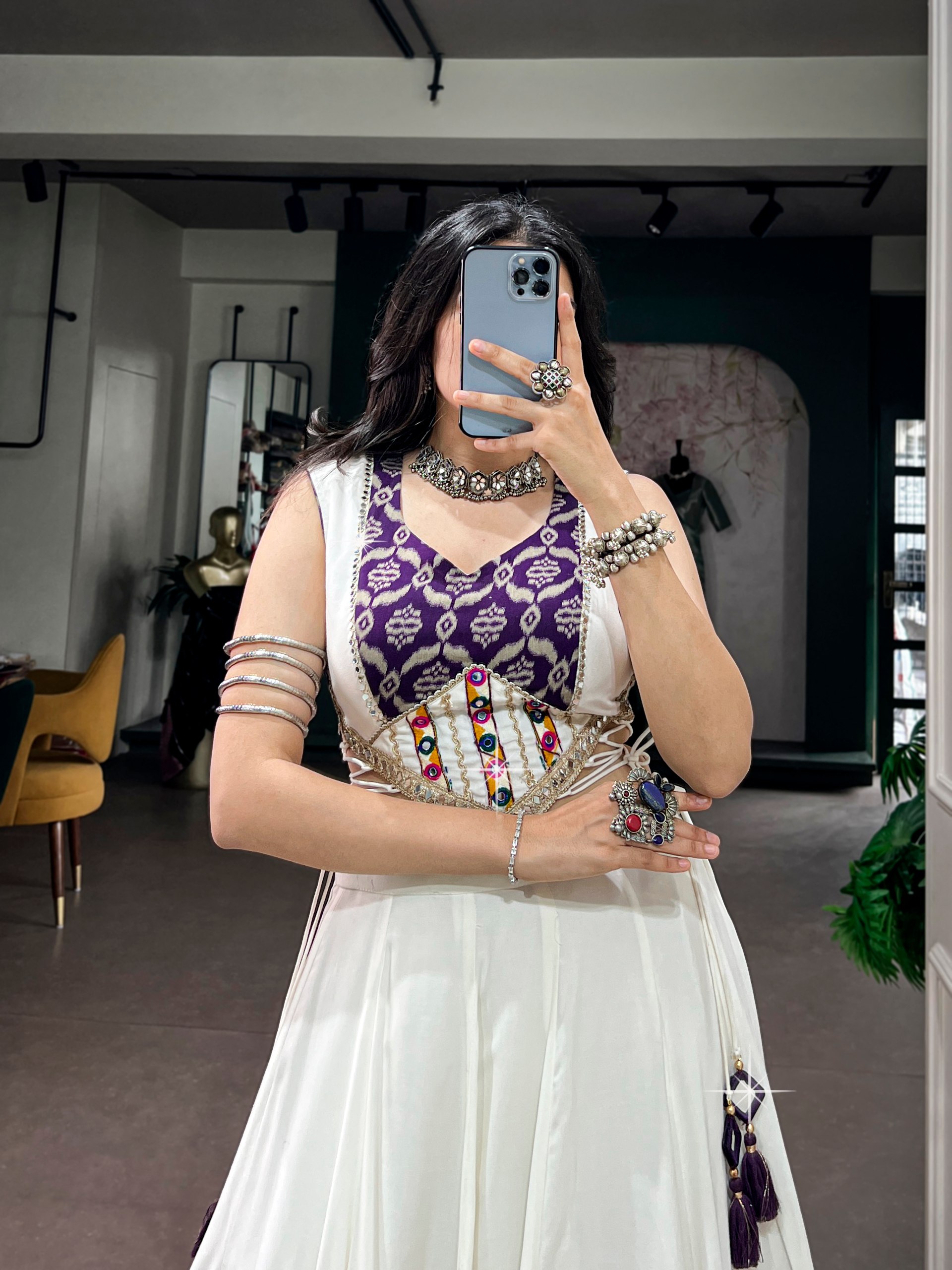White Gamthi Mirror Work Chaniya Choli with 6 Meter Flair