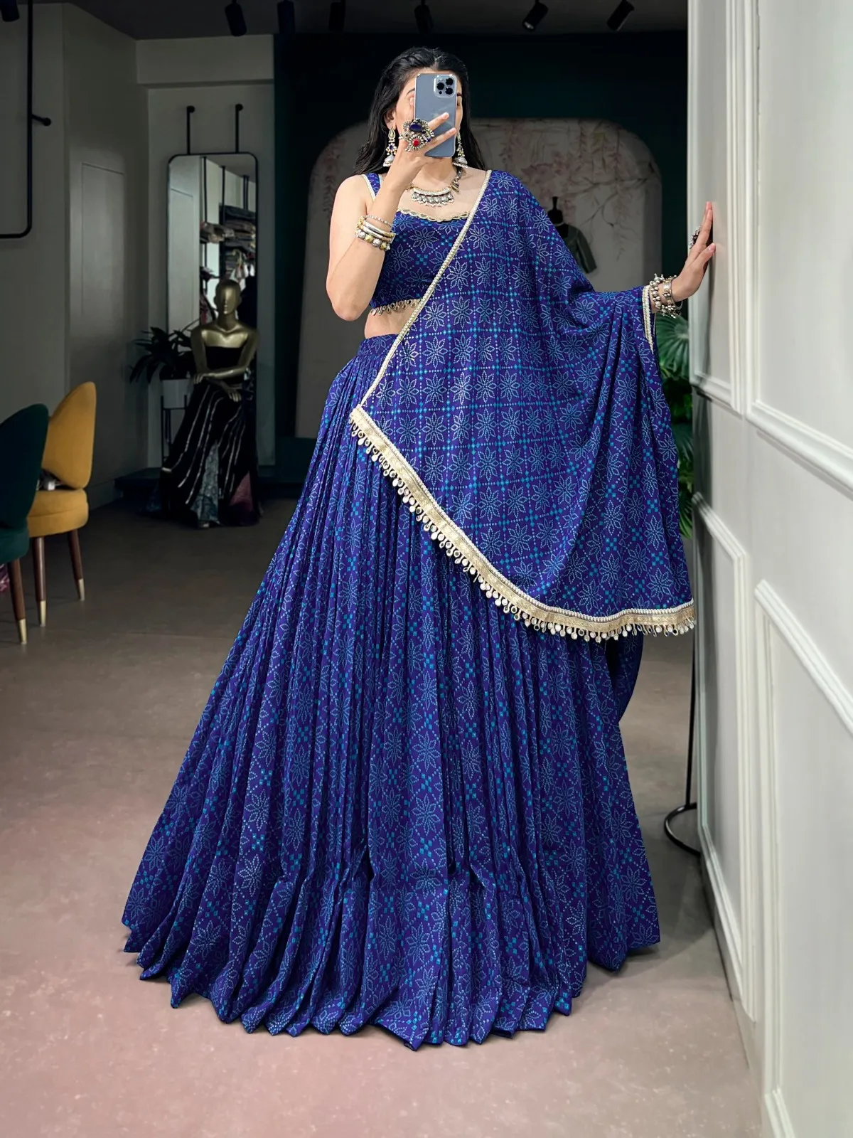 Blue Bandhani Printed Big Flair Chaniya Choli