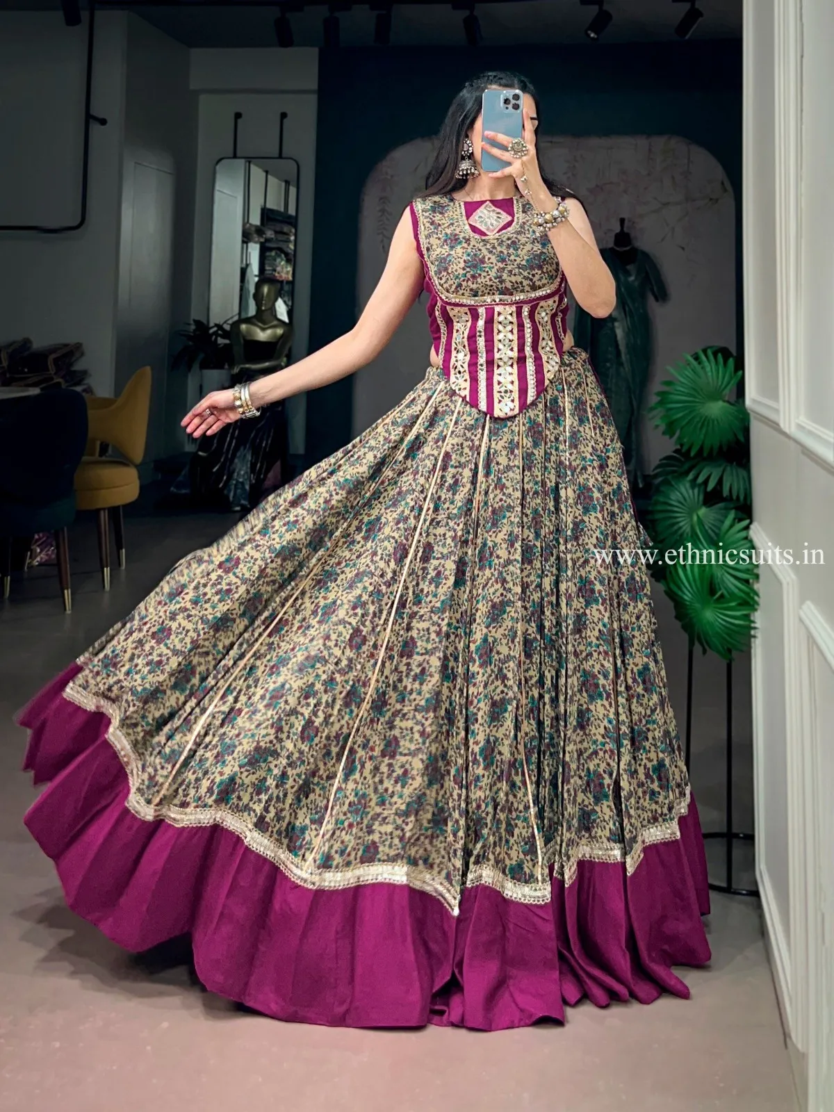 Wine Full Printed Navratri Chaniya Co ord set
