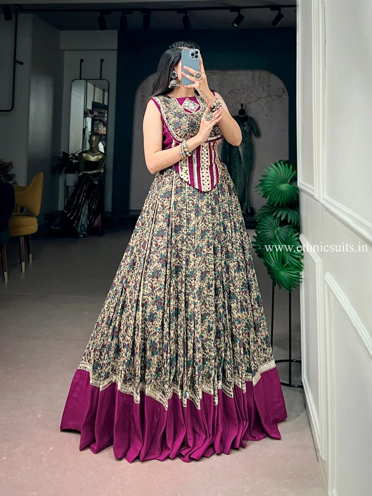 Wine Full Printed Navratri Chaniya Co ord set