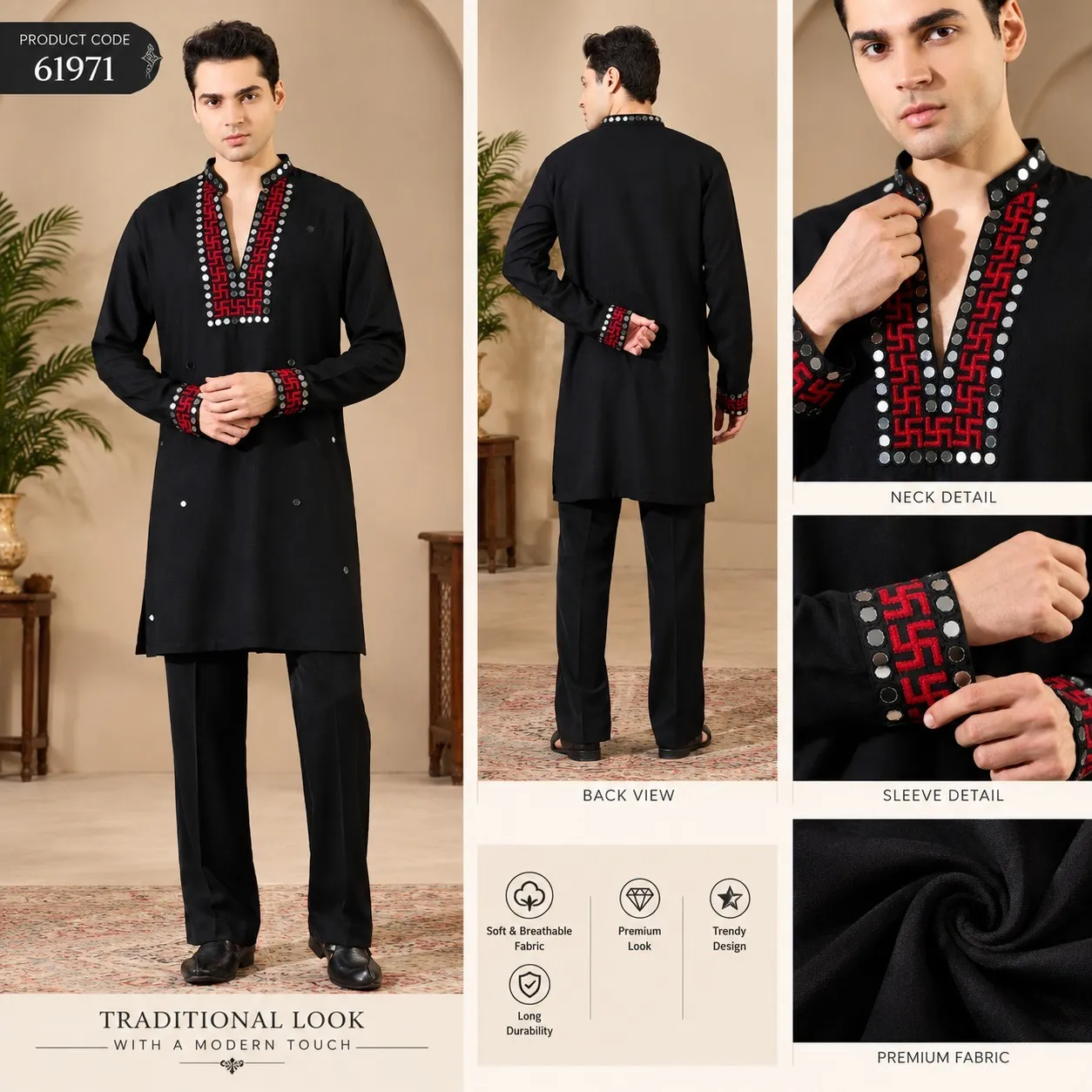 Black Mens Kurta Ijar for Navratri with Swastik Embroidery