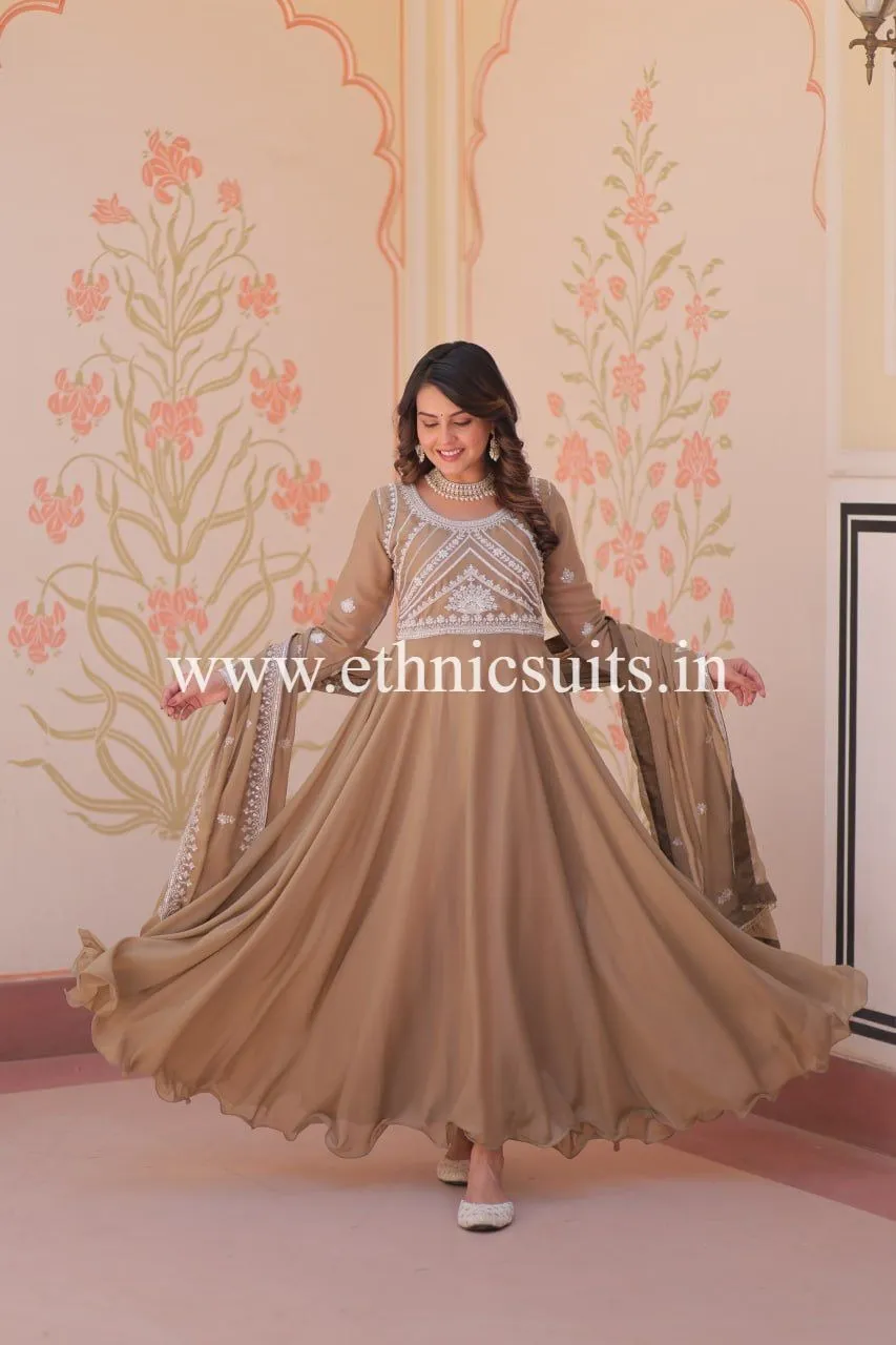Brown Color Beads Work Readymade Dress