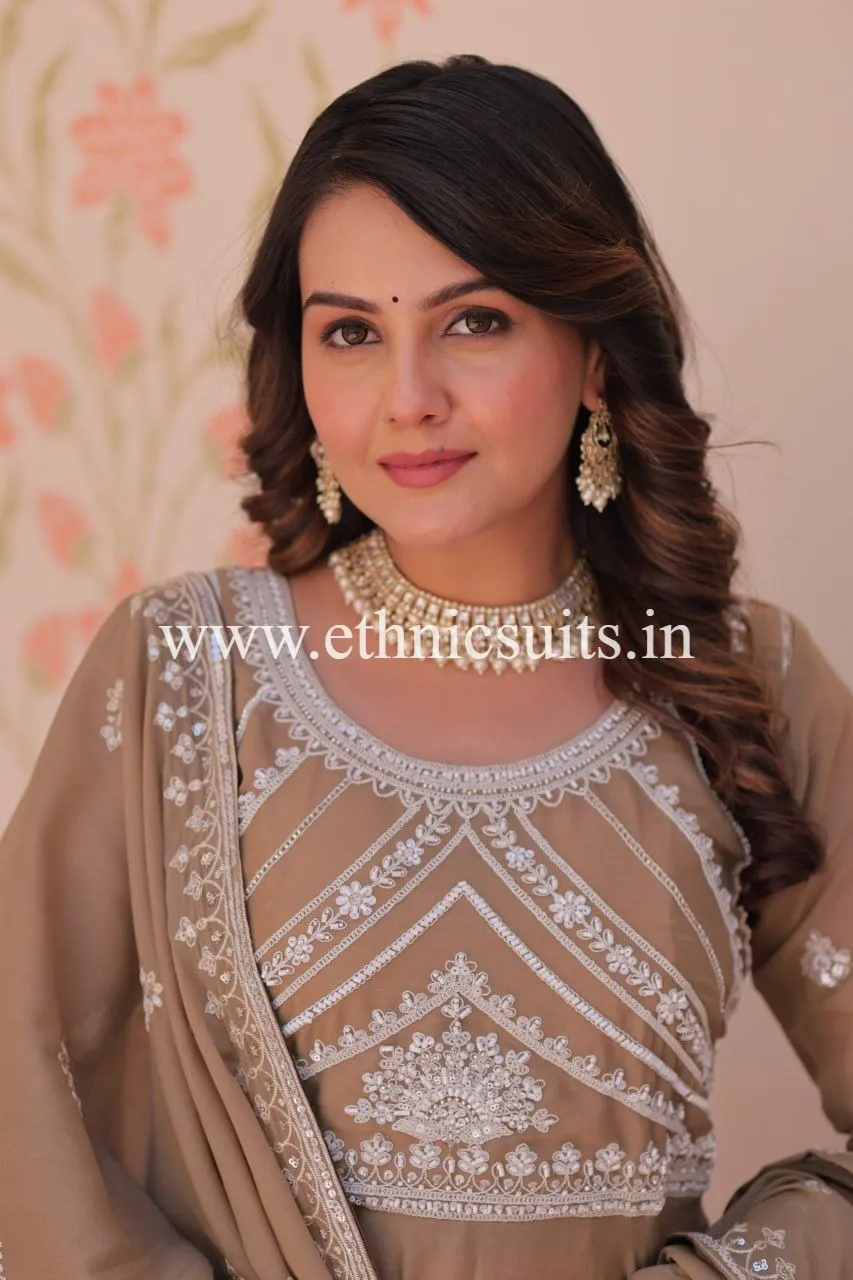 Brown Color Beads Work Readymade Dress