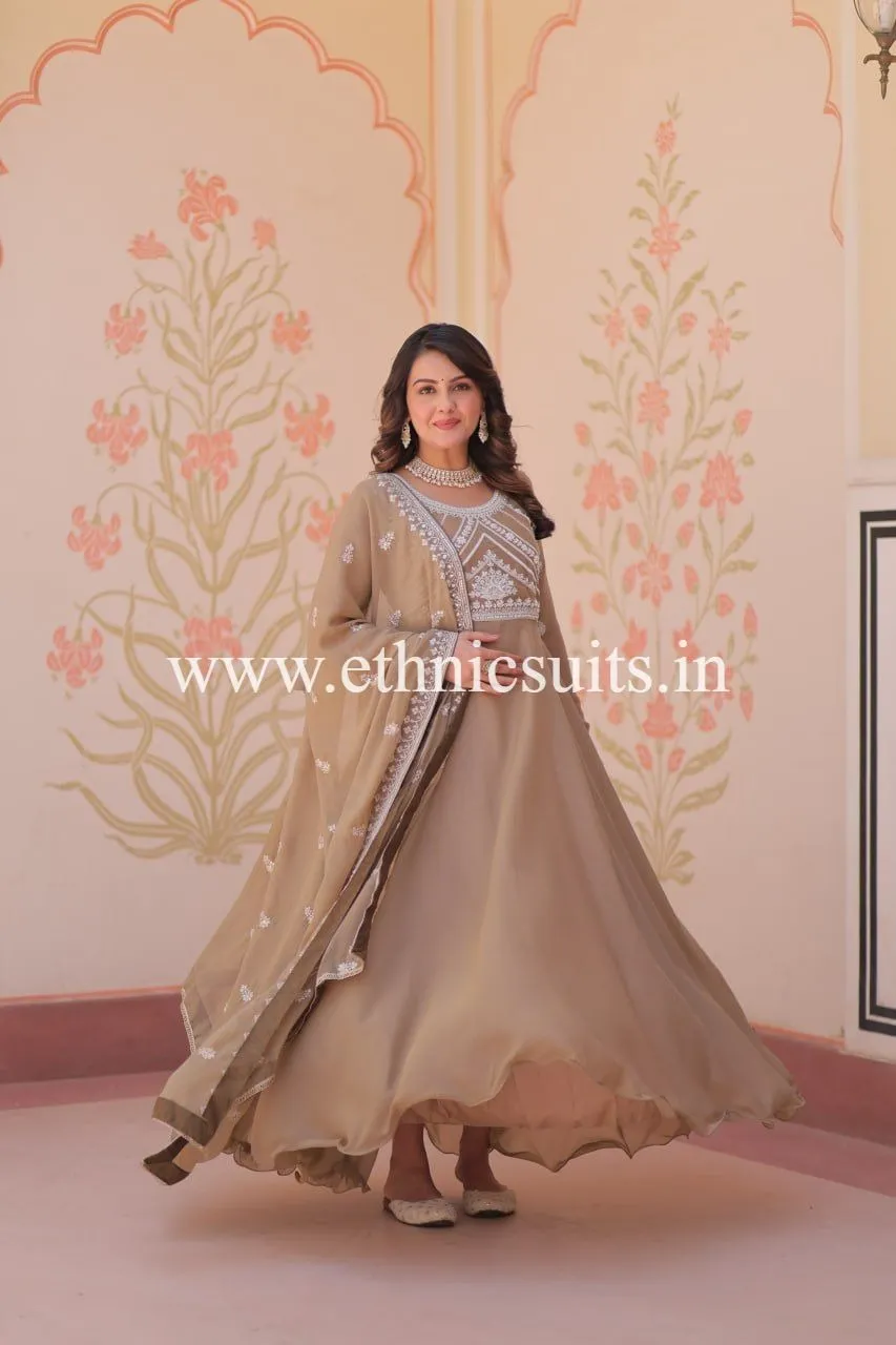 Brown Color Beads Work Readymade Dress