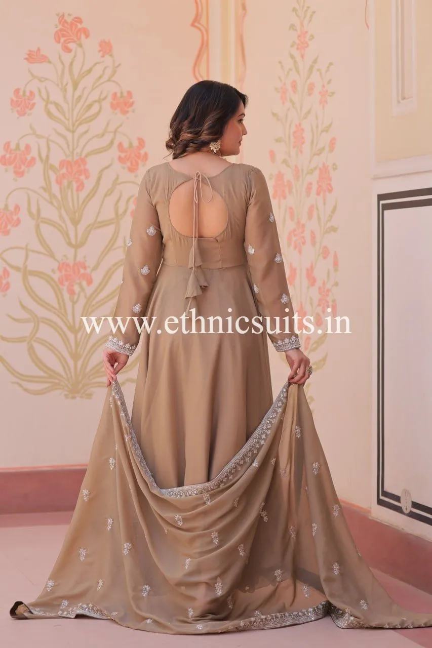 Brown Color Beads Work Readymade Dress