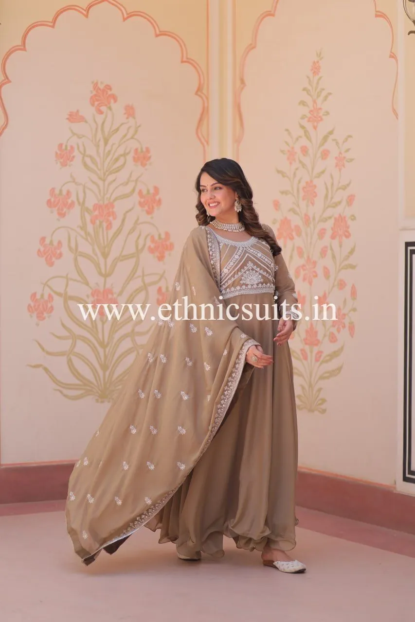 Brown Color Beads Work Readymade Dress