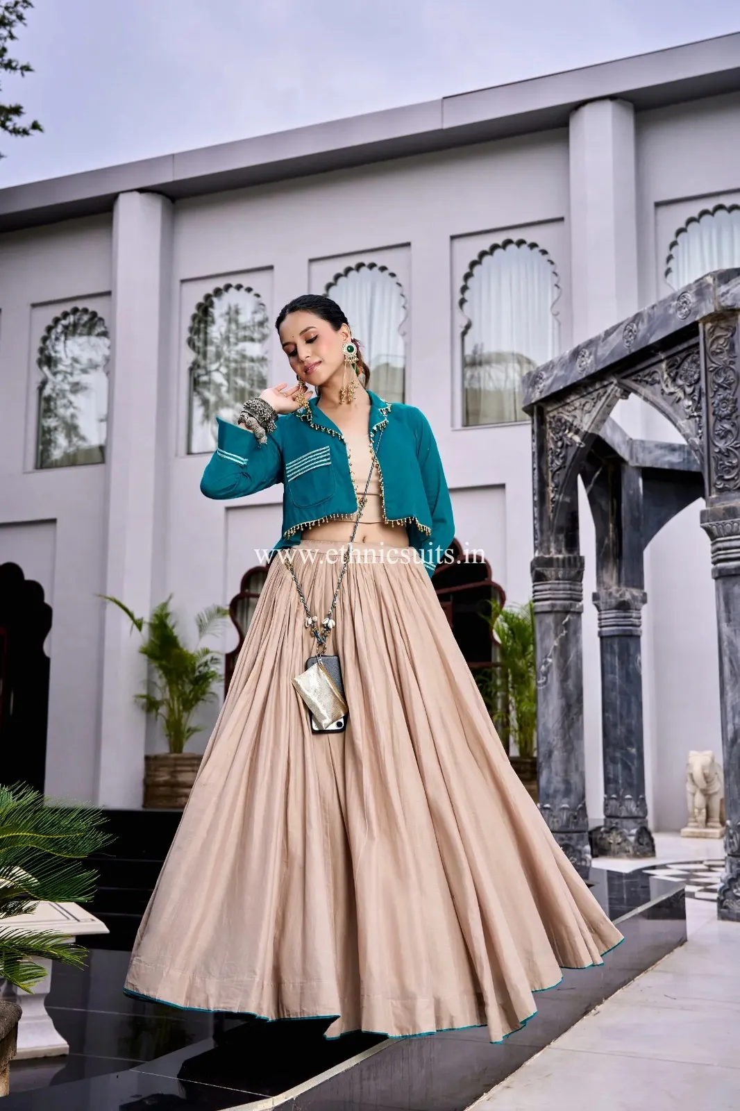 Creme Color Plain Chaniya Choli with Boho Jacket