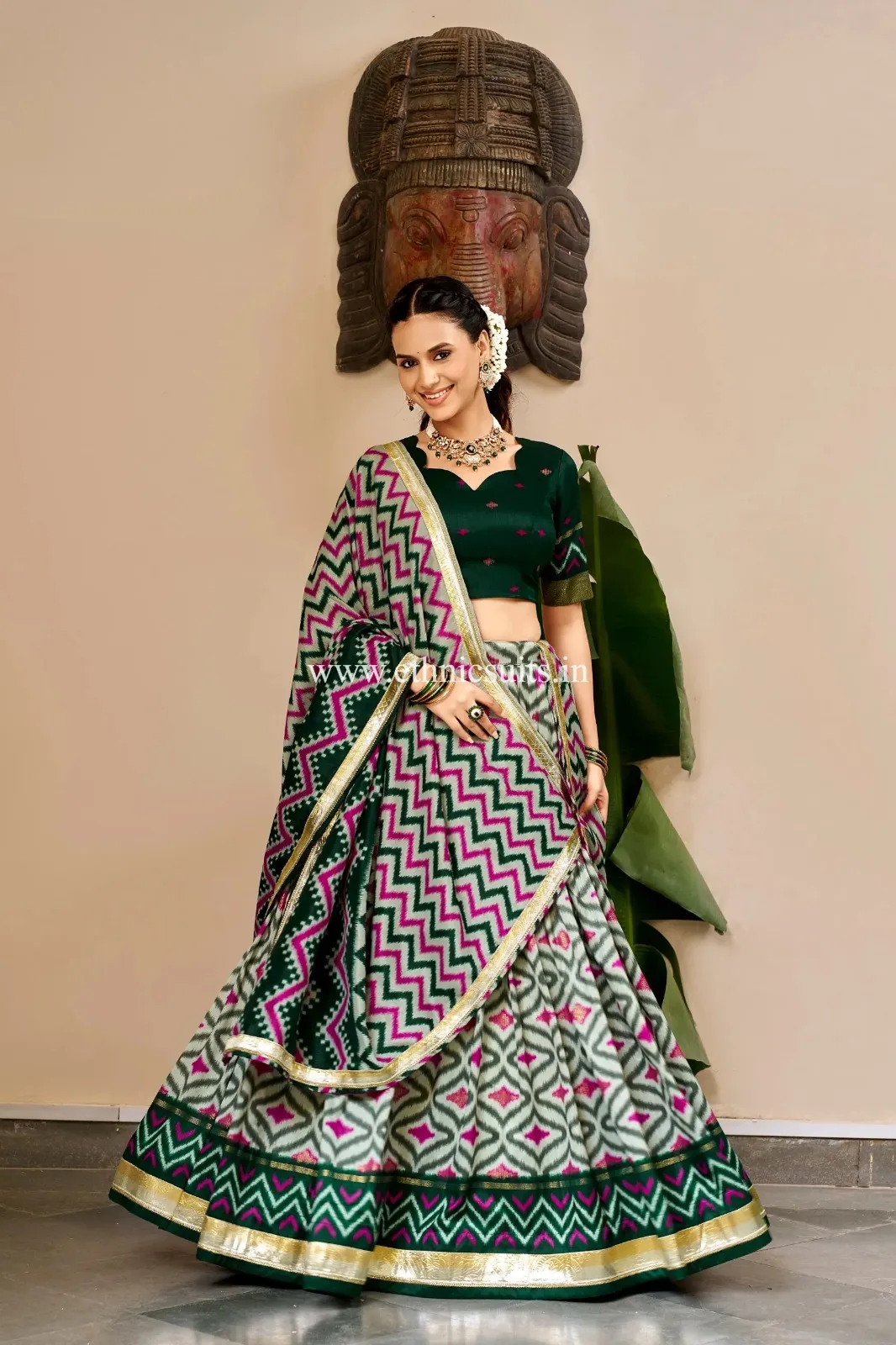 Green color Ikat Printed Chaniya Choli