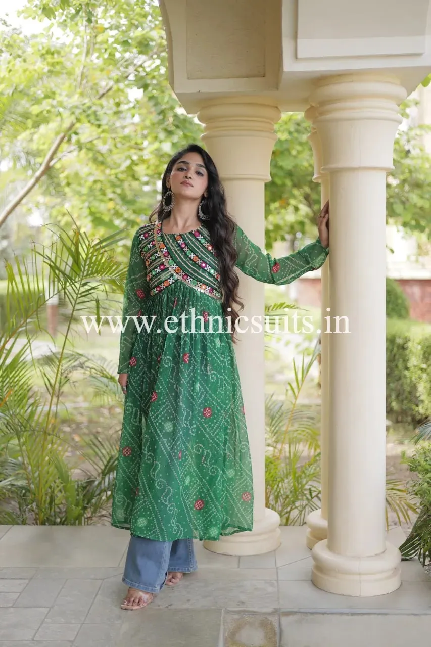 Green Color Kutchi Work Bandhani Printed Kurti