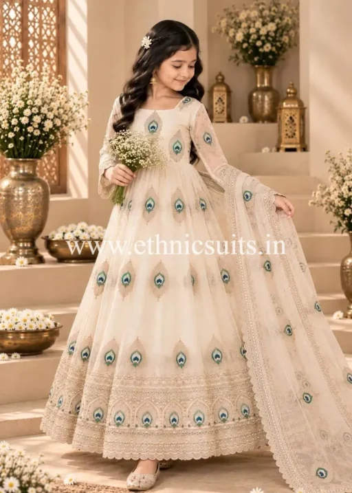 Kids Wedding Anarkali Gown White Color