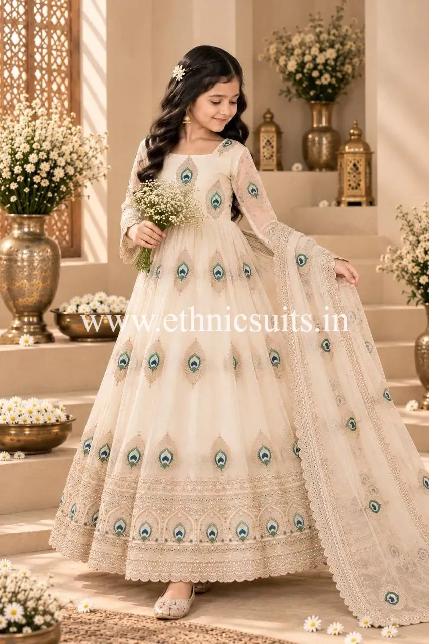Kids Wedding Anarkali Gown White Color