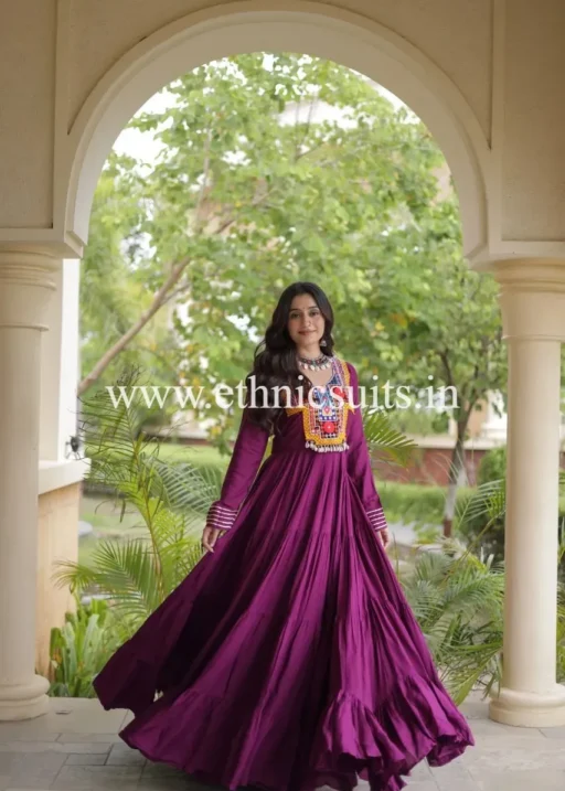 Kutchi work Purple Anarkali Gown for Navratri