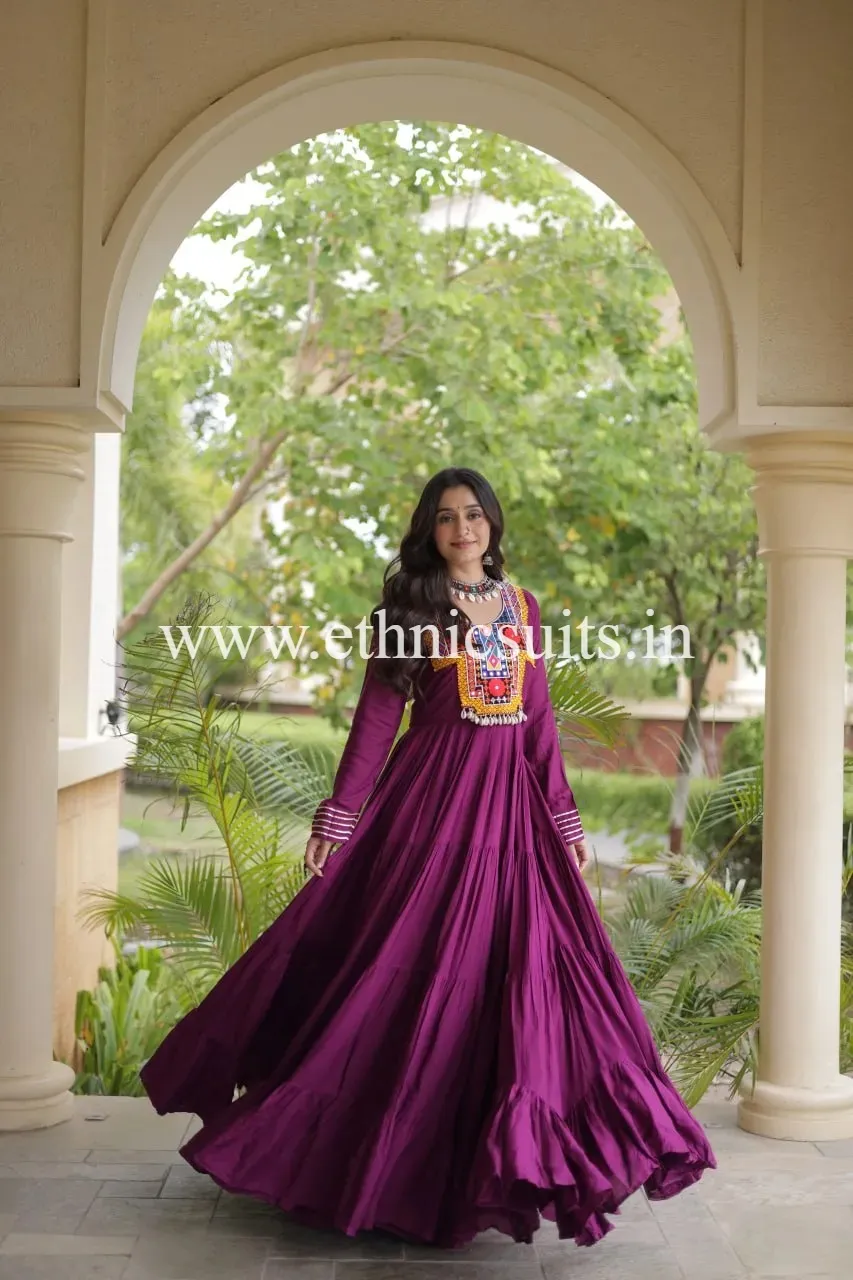 Kutchi work Purple Anarkali Gown for Navratri