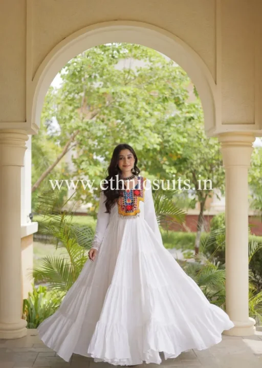 Kutchi work White Anarkali Gown for Navratri