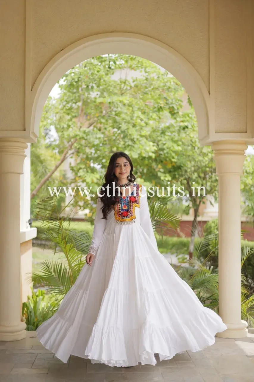 Kutchi work White Anarkali Gown for Navratri