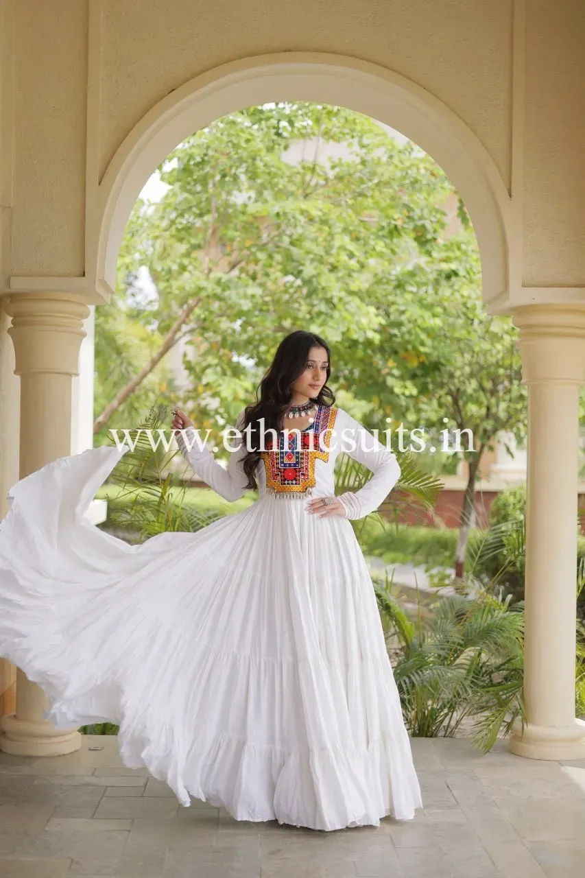 white anarkali with Multi Color Thread gamthi Embroidery, 12 mtr Flair