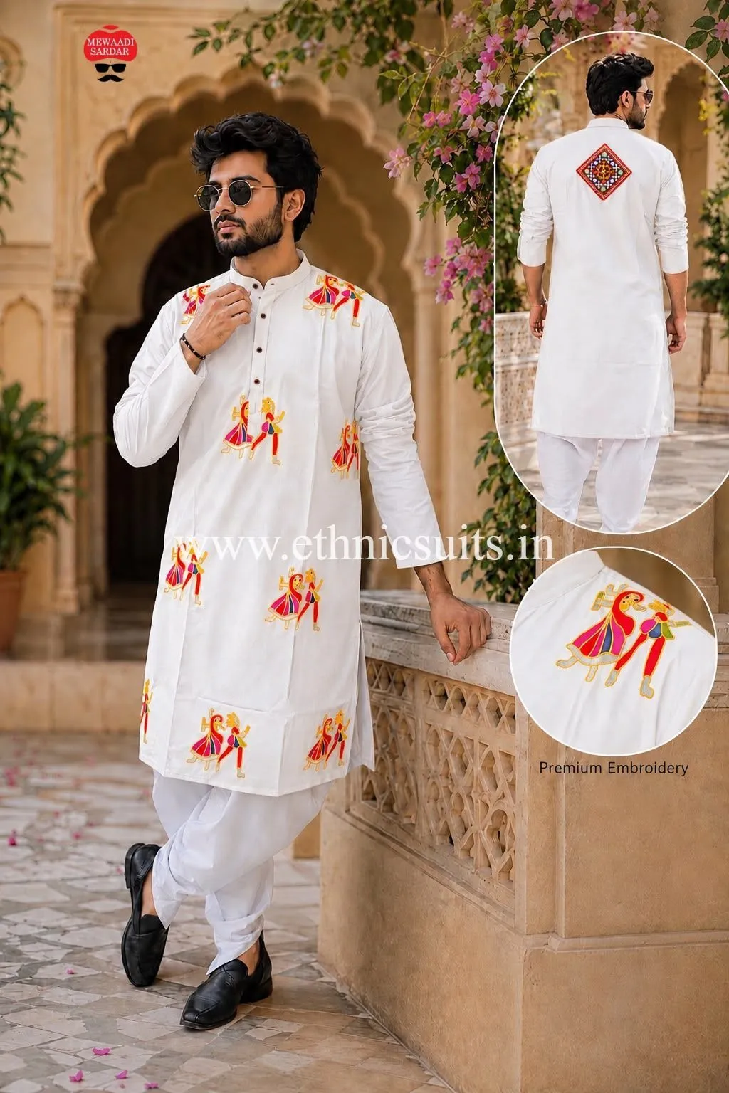 Kutchi Work White Navratri Mens Dhoti Kurta