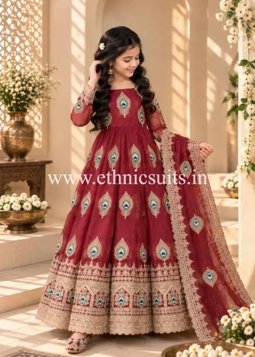 Maroon Color Kids Wedding Anarkali Suit
