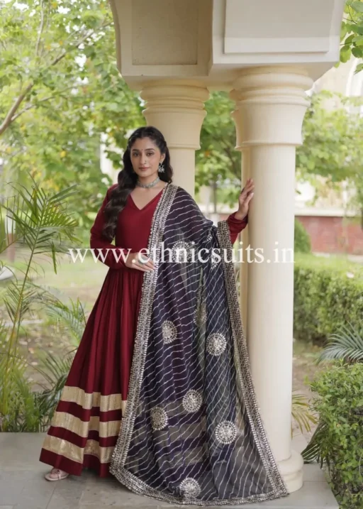 Marron Plain gown with Laheriya printed Dupatta