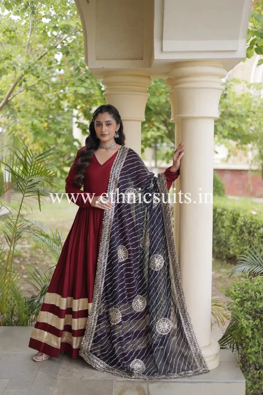 Marron Plain gown with Laheriya printed Dupatta