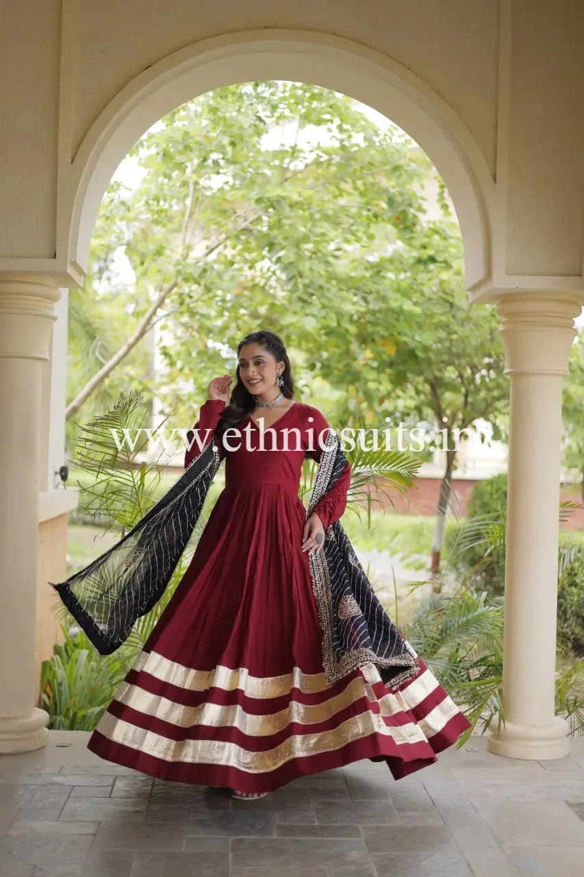 Marron Plain gown with Laheriya printed Dupatta