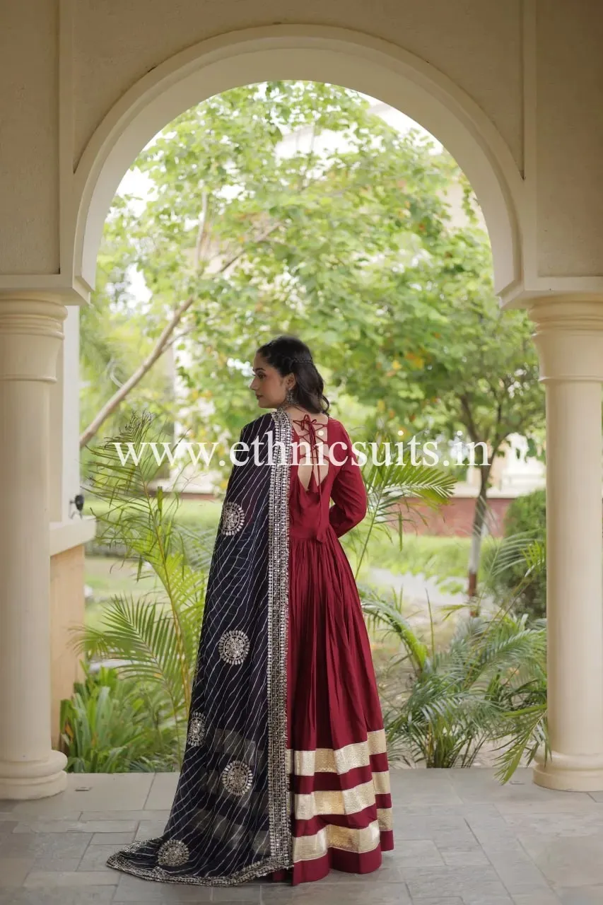 Marron Plain gown with Laheriya printed Dupatta