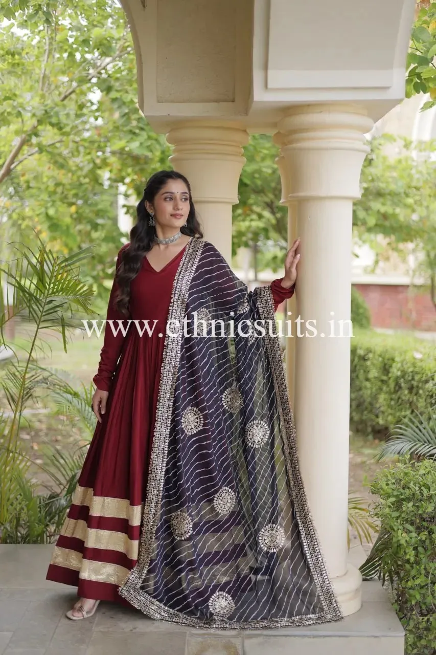 Marron Plain gown with Laheriya printed Dupatta