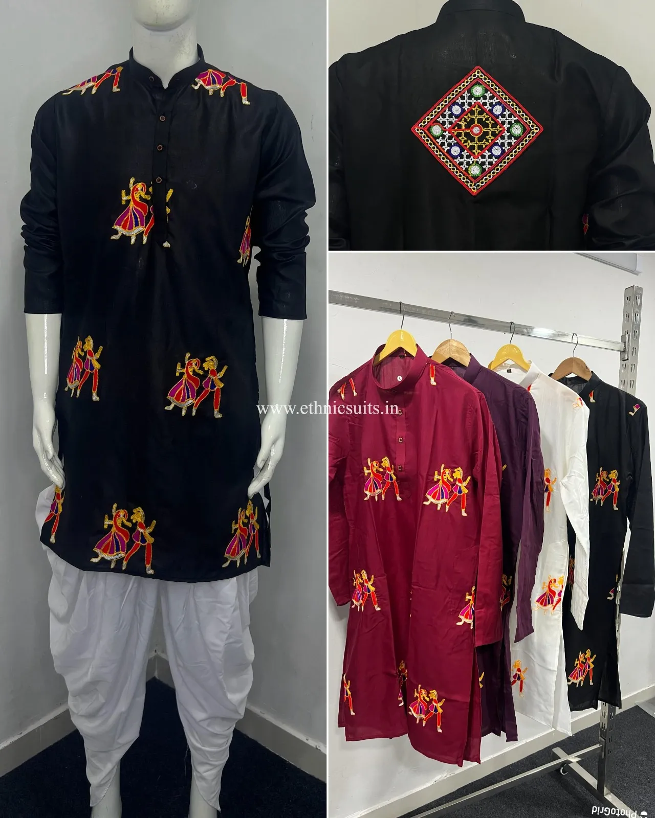 Kutchi Work White Navratri Mens Dhoti Kurta