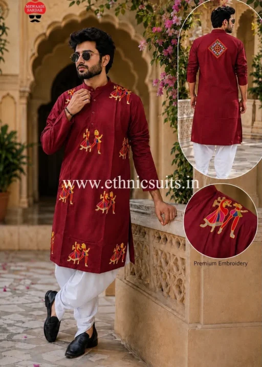 Mens Navratri Wear Kurta with Dhoti Red