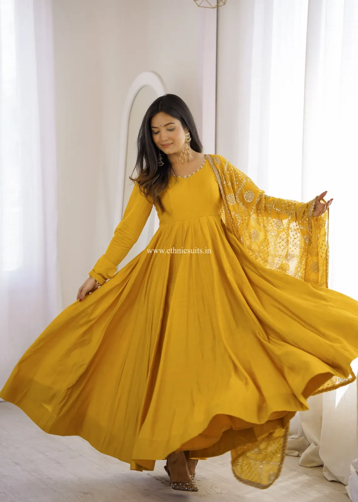 Mustard Yellow Anarkali with Heavy worked Dupatta