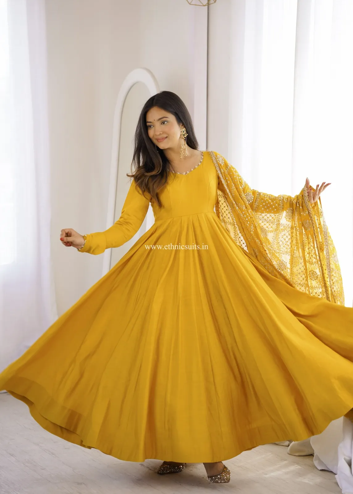 Mustard Yellow Anarkali with Heavy worked Dupatta
