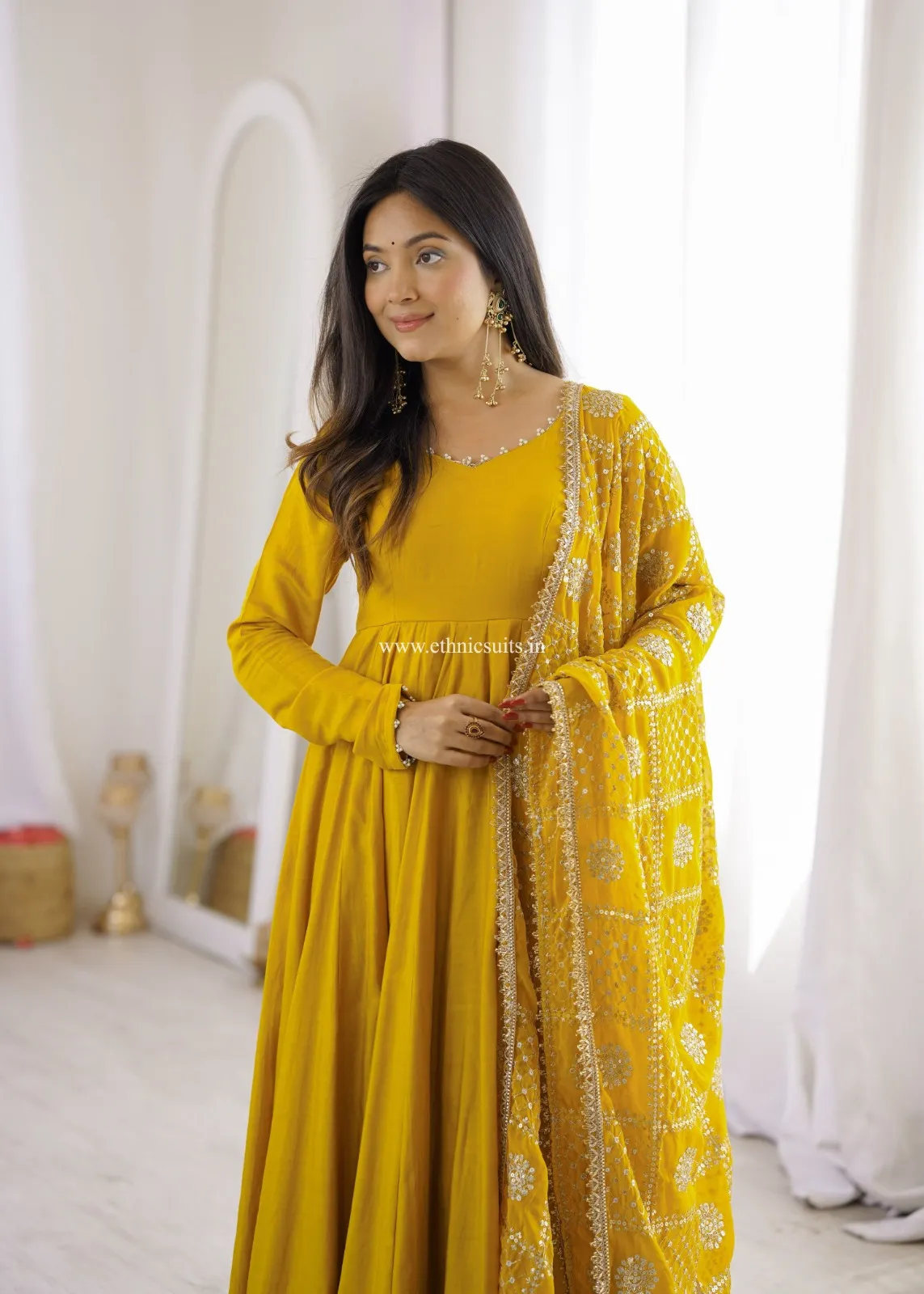 Mustard Yellow Anarkali with Heavy worked Dupatta