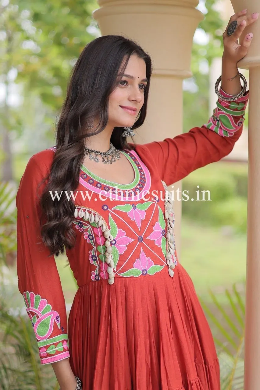 Orange Color Kutchi Work Gown