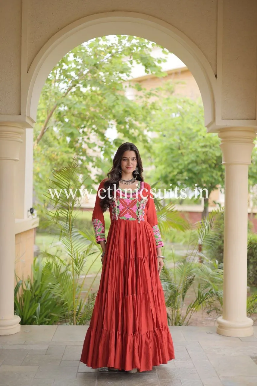 Orange Color Kutchi Work Gown