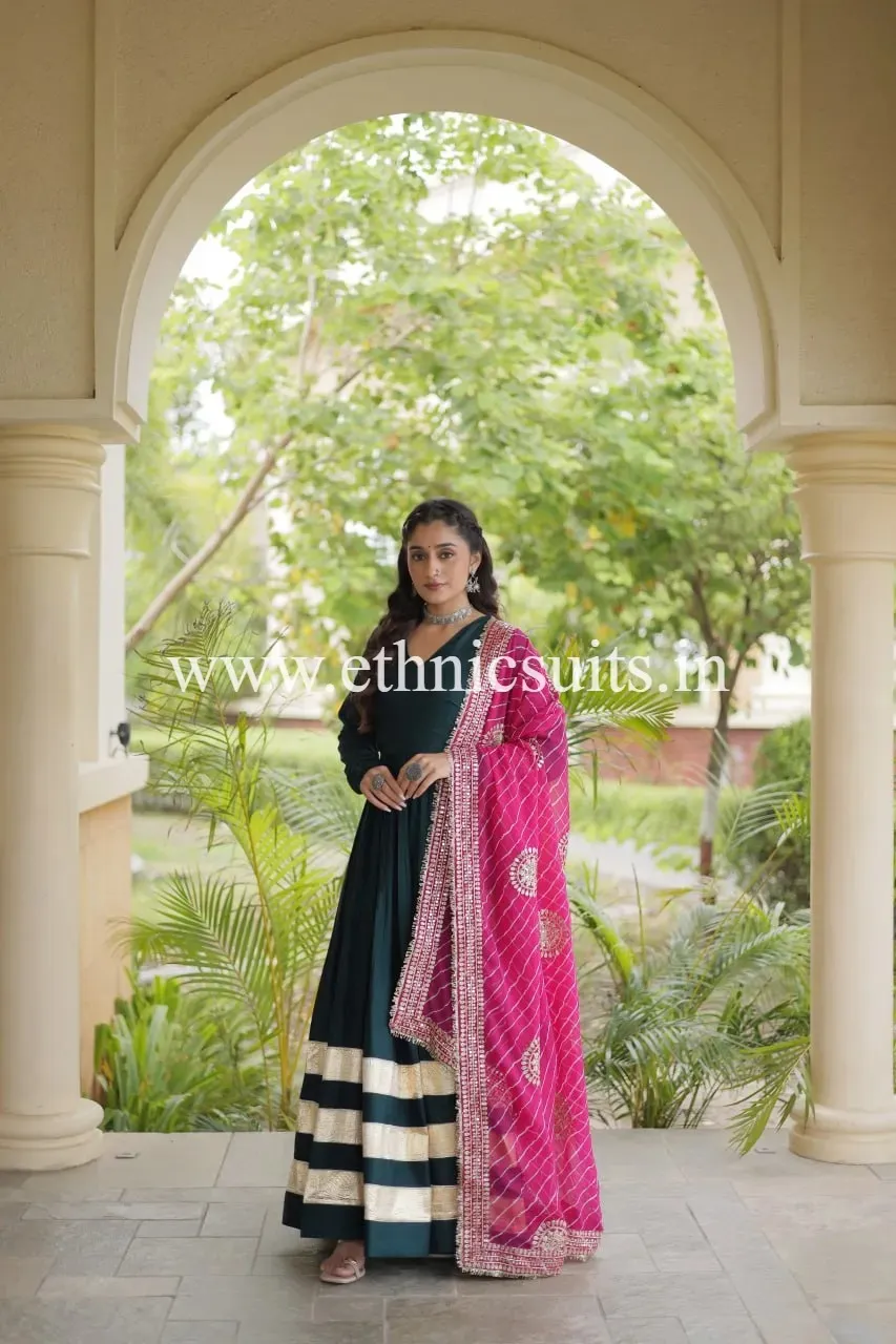 Plain Green Gown with Gotapatti Border