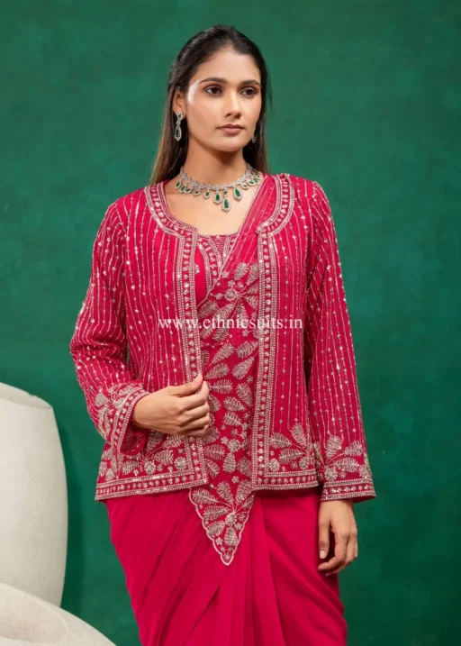 Rani Pink Ready to Wear Saree with Jacket