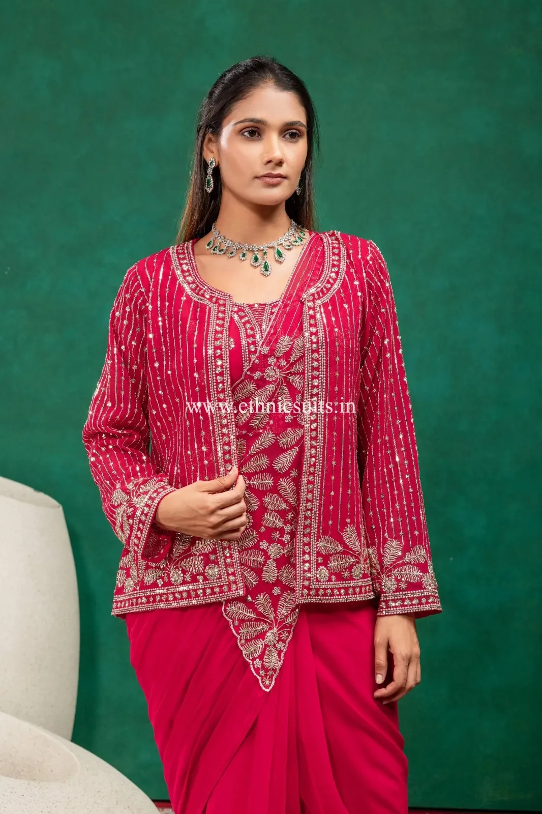Rani Pink Ready to Wear Saree with Jacket