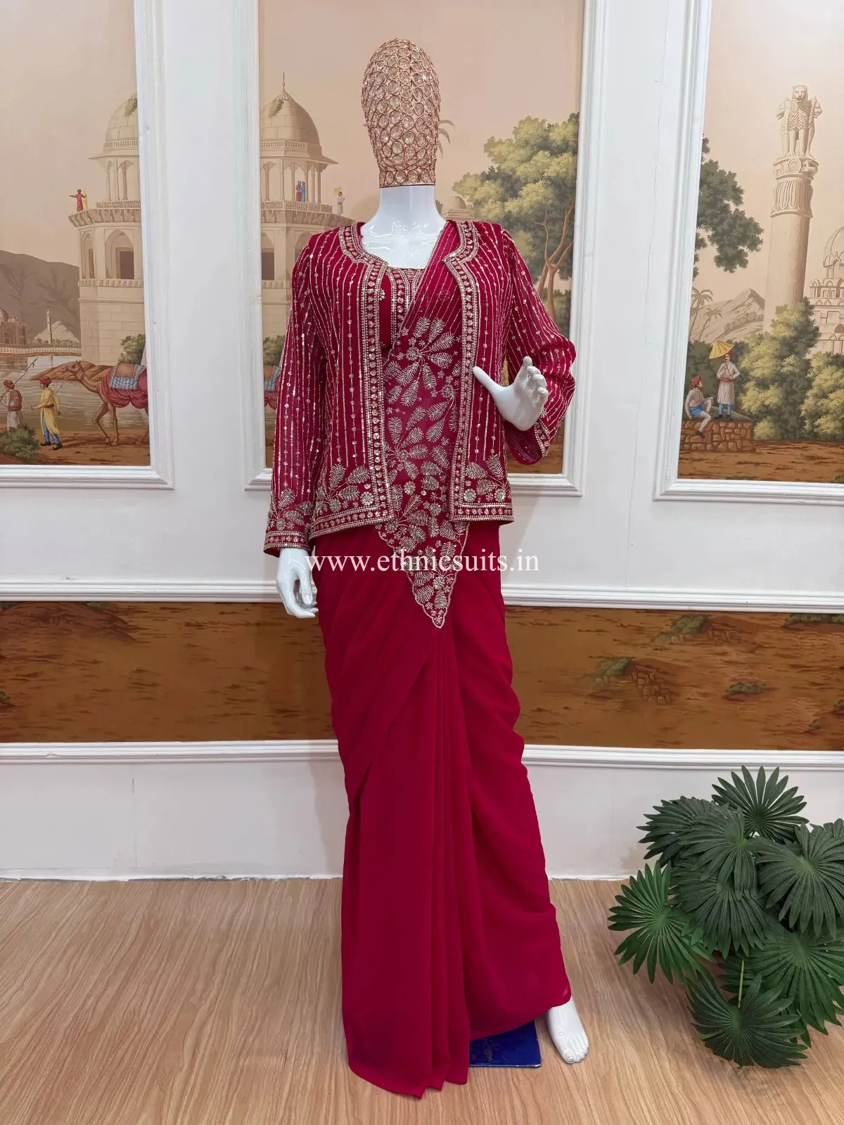 Rani Pink Ready to Wear Saree with Jacket