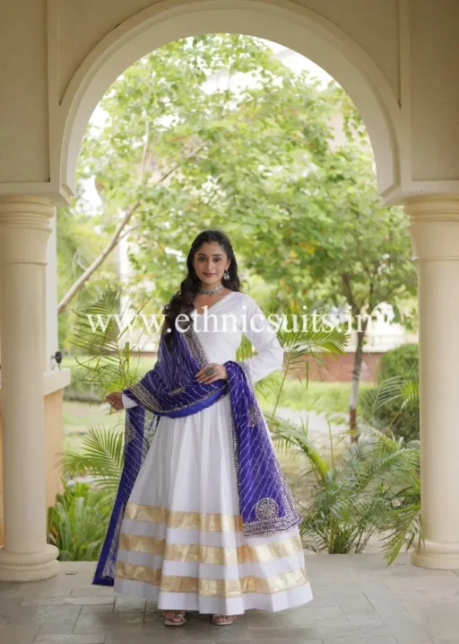 White Gown with Blue Lahriya Printed Dupatta