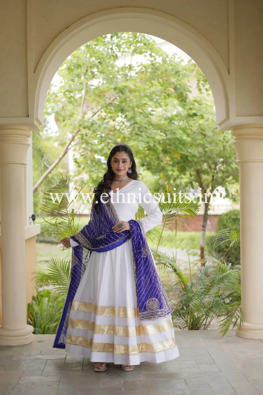 White Gown with Blue Lahriya Printed Dupatta