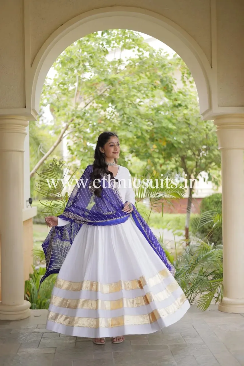 White Gown with Blue Lahriya Printed Dupatta