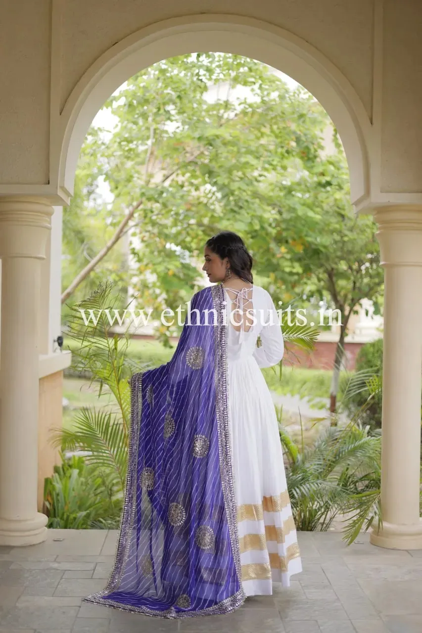 White Gown with Blue Lahriya Printed Dupatta