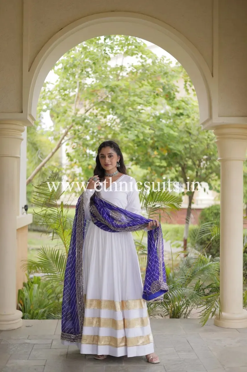 White Gown with Blue Lahriya Printed Dupatta