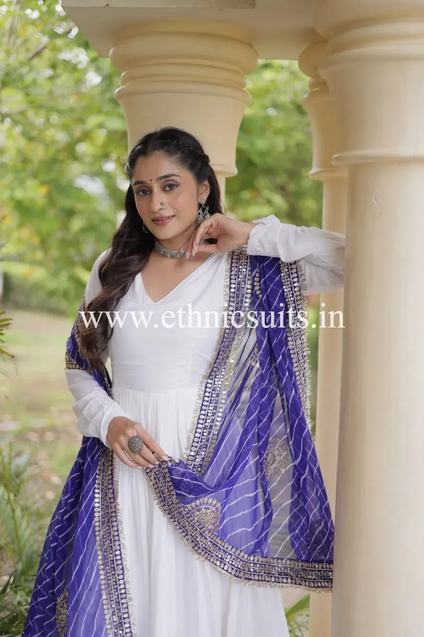White Gown with Blue Lahriya Printed Dupatta
